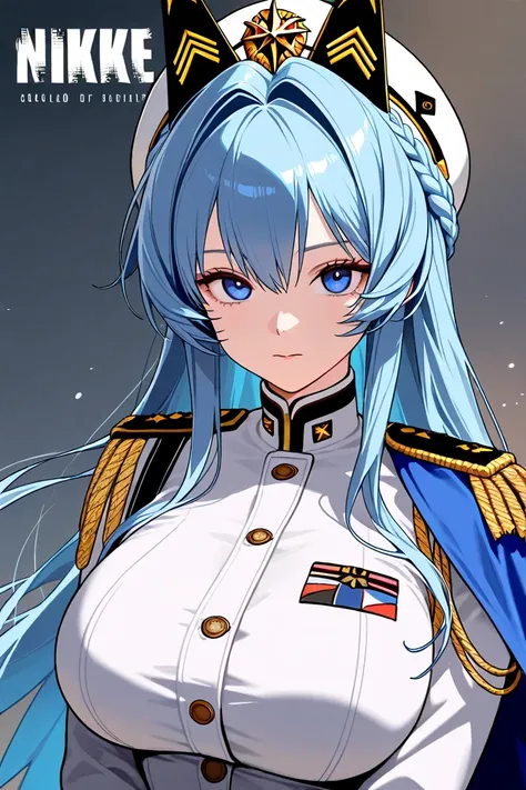 best quality, 1girl, solo, helm ,/(nikke/), long hair, partially braided hair, gold accents, naval uniform, short jacket, blue cape, looking at viewer