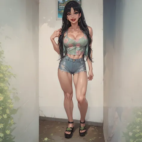 Woman, straight hair, black hair, long hair, black eyes, red lips, view from above, top view, jean shorts, blue tank top with pink and green flowers, black sandals, standing, round tits, toned legs, sexy legs, beautiful legs, smile,