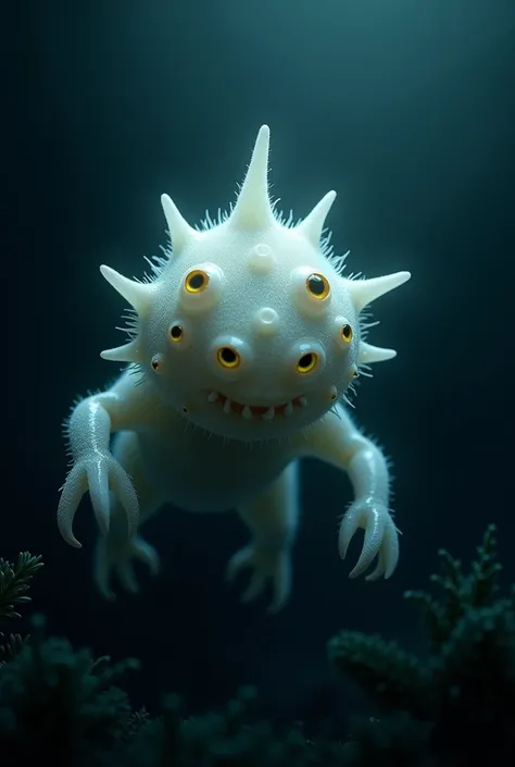  creature from the bottom of the oceans, small, with multiple eyes , and white scales 