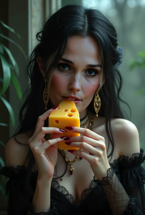 une fille vampire, long red pointed nails ,  wears gold earrings she eats cheese.