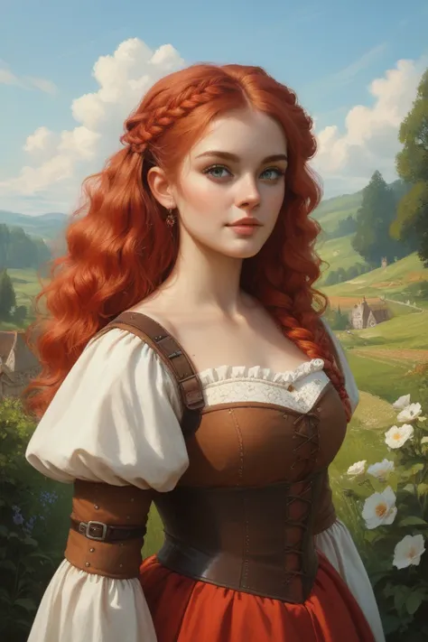  painting of a very fat, young woman with very bright , reddish blond hair , Brow fringes , medieval , simple clothing, steht am Abend an einem medieval n Hafen

