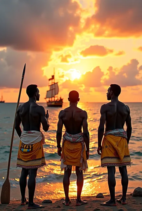 Prompt: "A historical scene depicting three African men standing on the shore, gazing at the horizon as European ships approach during sunset. The men, dressed in traditional cloth wraps, hold tools such as a spear and a paddle, showing a mix of curiosity ...