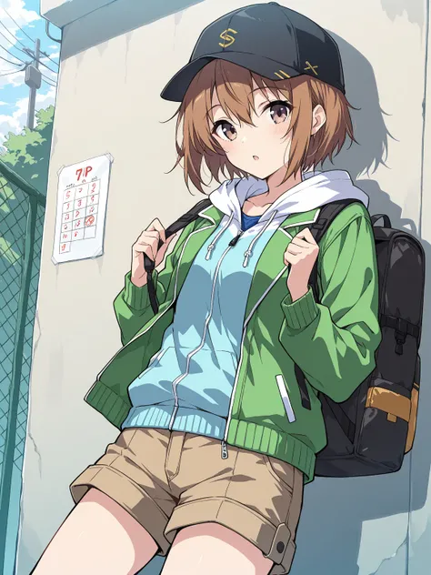 masterpiece, top quality, score_9, score_8_ up, score_7_ up, BREAK Satake Mei, cap, short hair, jacket, brown shorts,  backpack,