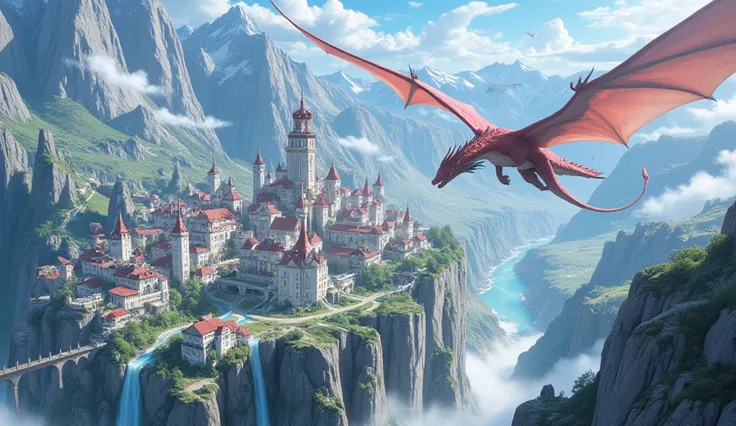 Cliffside village, aerial views of soaring dragons, channeling high-fantasy anime aesthetics.