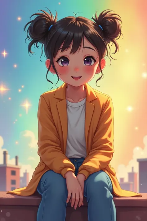 ((highest quality)), ((masterpiece)), (be familiar with), perfect face、smile、men and women、twin bun、rainbow colored background、wink、casual、Sitting on top of a building、There&#39;s a lot of sparkle around her、flying