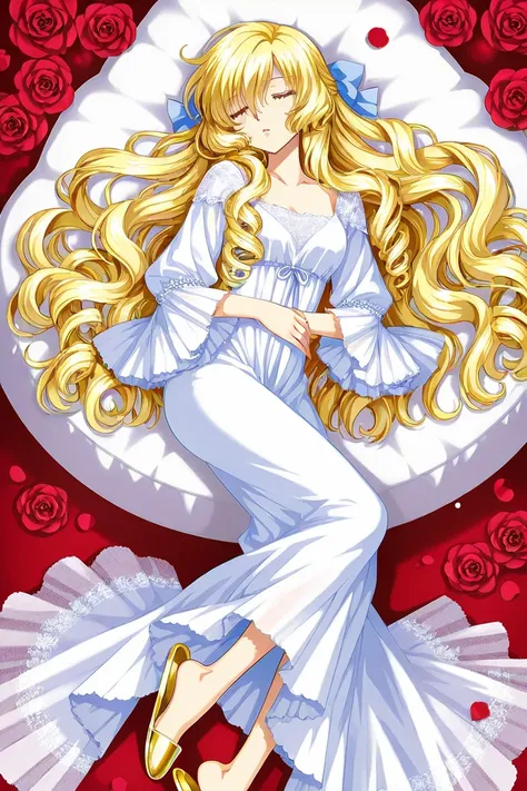 a 21 year-old beautiful girl with blonde LONG curly hair and she has shiny golden eyes like stars in a magic land wearing a white delicate dress and golden slippers. Shes dead. Sleeping. There are roses covering her body. CLAMP Tsubasa Chronicles drawing s...