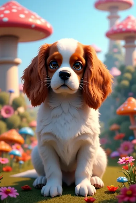 Um Cavalier king Charles spaniel branco e marrom, In the universe of the Disney character Alice in Wonderland 