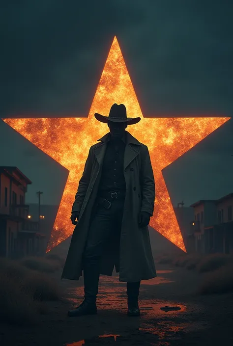 Create a picture Ill describe it to you in detail 
A Sherrif star where Younes is in the middle and Sherrif below but both should be on the star 
Then there should be a kind of cowboy town in the background but it should be dark and in the background 
And ...