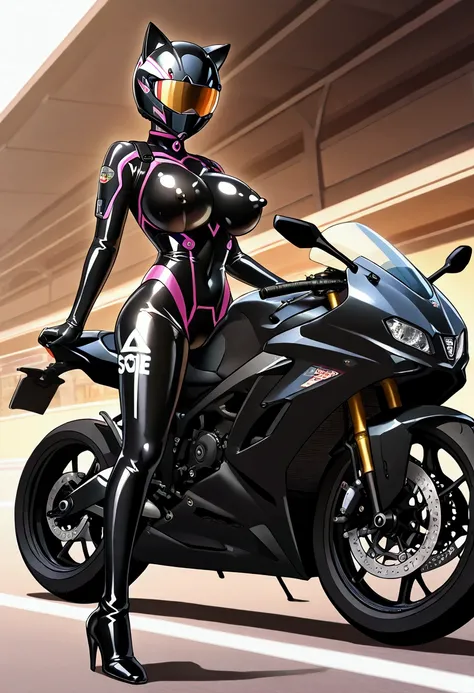 High Quality, Super Detailed, Score_9, score_8_up, score_7_up, a mature woman in black latex suit riding a futuristic motercycle, wearing a black shiny latex suit and gloves, black helmet on, shiny black kitty helmet on, latex high heels boots, drifting po...