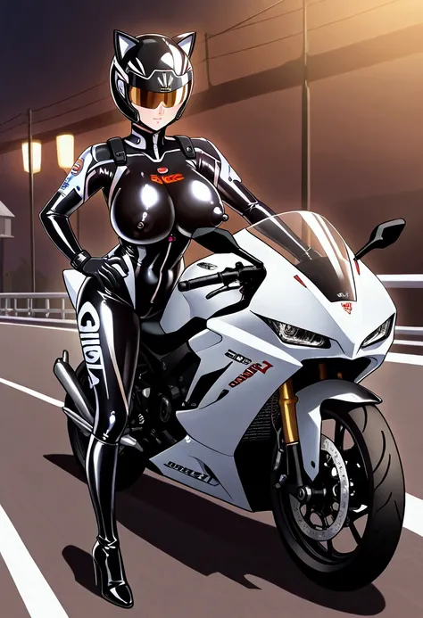 High Quality, Super Detailed, Score_9, score_8_up, score_7_up, a mature woman in black latex suit riding a futuristic motercycle, wearing a black shiny latex suit and gloves, black helmet on, shiny black kitty helmet on, latex high heels boots, drifting po...