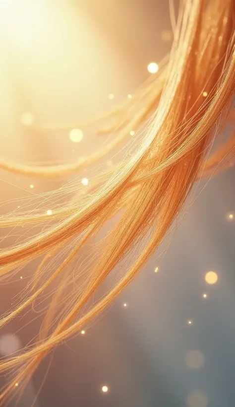 "A close-up microscopic view of a shiny strand of human hair, showcasing intricate details of keratin molecules and hair cuticles. The background is soft and glowing, with a gentle wind effect moving the strand of hair slightly, evoking a sense of beauty a...