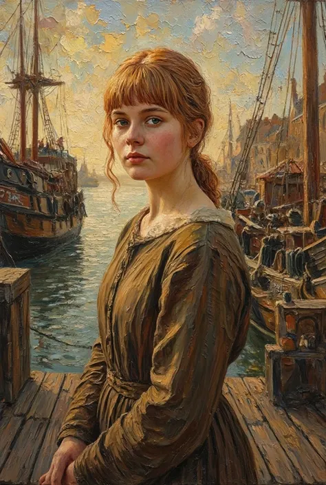 painting, Very thick , young woman, very bright, reddish-blonde hair, Brow fringes , medieval , simple clothing, Evening, an einem medieval n Hafen