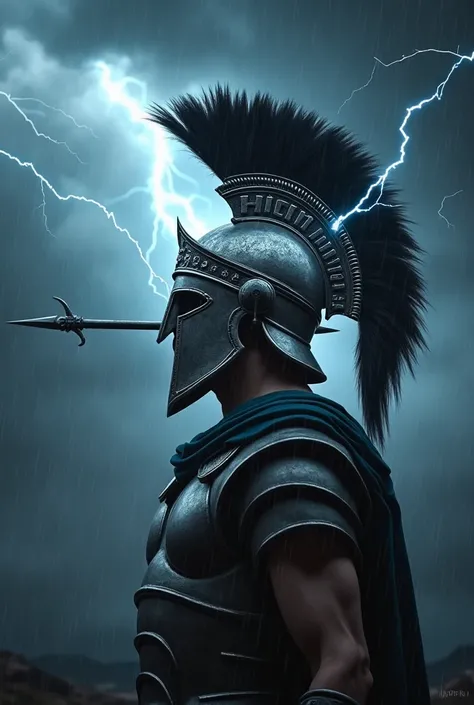 Here’s the translated text:  

"A stylized Roman helmet, inspired by the design of a classic helm, with a single spear piercing through it horizontally, standing out with its shiny metal and ornamental details. Electric lightning dramatically emerges from ...