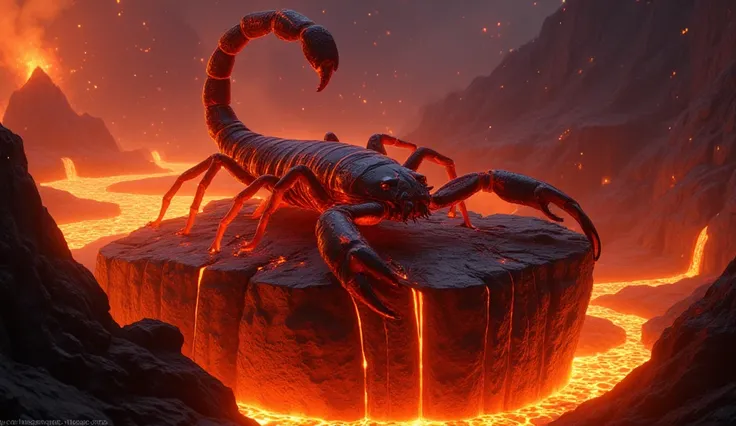 1. Title or General Description:
A massive, ultra-realistic scorpion perched on a jagged rock surrounded by flowing lava, exuding power and intensity.

2. Theme and Setting:
A volcanic landscape with molten lava rivers glowing brightly in the darkness, cre...