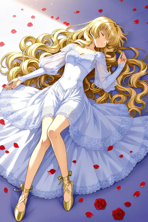 a 21 year-old beautiful girl with blonde LONG curly hair and she has shiny golden eyes like stars in a magic land wearing a white delicate dress and golden ballet slippers. Shes dead. Sleeping. There are petal roses covering her body. CLAMP Tsubasa Chronic...