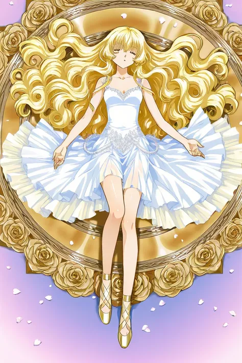 a 21 year-old beautiful girl with blonde LONG curly hair and she has shiny golden eyes like stars in a magic land wearing a white delicate dress and golden ballet slippers. Shes dead. Sleeping. There are petal roses covering her body. CLAMP Tsubasa Chronic...