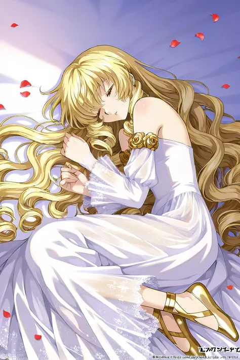 a 21 year-old beautiful girl with blonde LONG curly hair and she has shiny golden eyes like stars in a magic land wearing a white delicate dress and golden ballet slippers. Shes dead. Sleeping. There are petal roses covering her body. CLAMP Tsubasa Chronic...