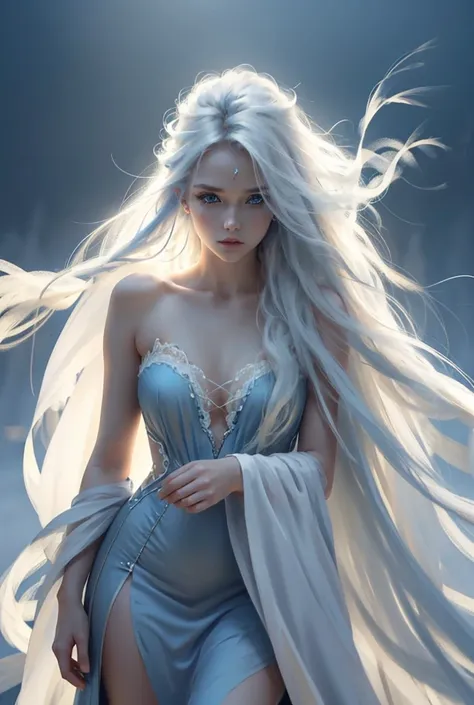 Beautiful 1.Girl, Fair skin, White (VERY_LONG FRONT HAIR!!!)  messy and fluffy white hair, Blue eyes, Graceful figure, Gentle feminine, Wearing blue dress, in a misty and mystical environment