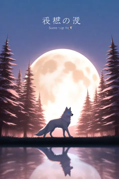 Close-up, Huge moon, lined with magnificent trees. In the background, an elf dressed in pink and gold looks at the reflection. He also has a magnificent white wolf, with blue eyes. between the top and the reflection, center on the moon and add in gold colo...