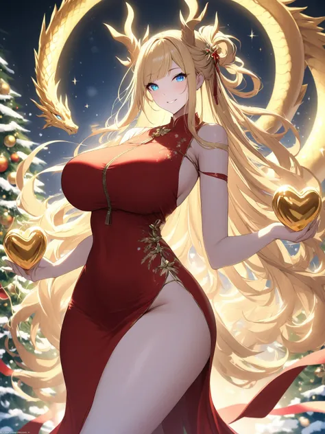 Illustrioussciamano, masterpiece, best quality, high quality, absurdres BREAK
1girl, solo, mature woman, goddess, dragoness, red Christmas dress with gold details, elegant and festive design, long flowing golden hair, tied hair with straight bangs, golden ...