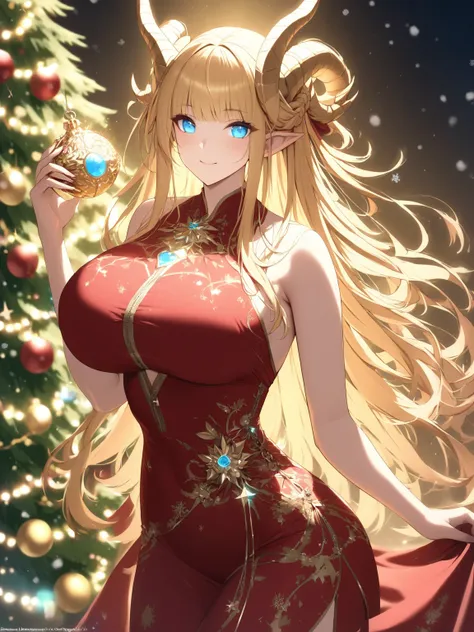 Illustrioussciamano, masterpiece, best quality, high quality, absurdres BREAK
1girl, solo, mature woman, goddess, dragoness, red Christmas dress with gold details, elegant and festive design, long flowing golden hair, tied hair with straight bangs, golden ...