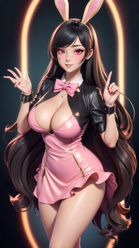 Golden bunny ears girl anime and gold black dress wearing sexy casino employee dress, bird blood high waist skirt, pink red eyes, straight hair, full black hair, 3d raising hands, busty big boobs girl bunny girl realistic cute bunny girl fantasy detailed d...