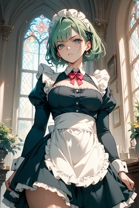 Tall girl with green hair medium breasts large hips very muscular tall very muscular dressed as a maid with a serious face veins  en traje de baño 