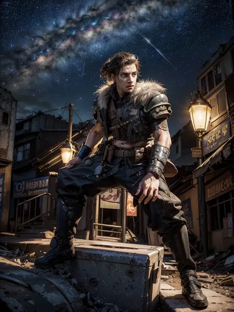 entire shot: 1.3, masterpiece, ((handsome man: 1.5, very detailed and beautiful, dynamic pose: 1.5)), ((apocalyptic city with a night and starry sky: 1.5)),(( full of stars and galaxies: 1.5)), very beautiful digital art, digital art. highly detailed and h...