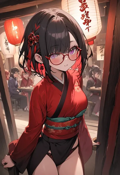 Alone, 1 girl, Black hair and half red underwear hair, Black and red two-tone colors ,The left eye is purple and the right eye is red ,Bob Hair, Long Sleeve, New Years, Red glasses