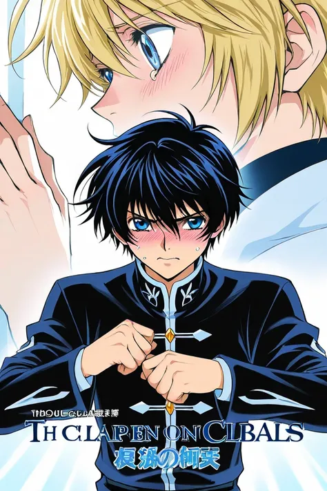 Tall 23 year-old boy with Black hair, light cold blue eyes, bad tempered but blushing, wearing black clothes. The boy is nervous looking at the back of a blonde girl, impotent, almost crying. CLAMP Tsubasa Chronicles drawing style. Manga cover.