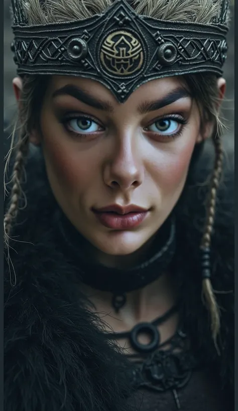 Realistic image of the face from the first image and the torso of a Viking woman with dark eyes and dark curly hair ,  wearing feather armor and Viking crown from the second image and deep black and white makeup of a Norse Viking warrior