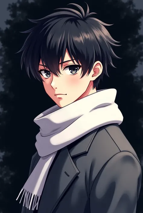 Anime, men, black hair,Black eyes,Black Mass,White Wool Scarf, gray coat ,handsome,Age17