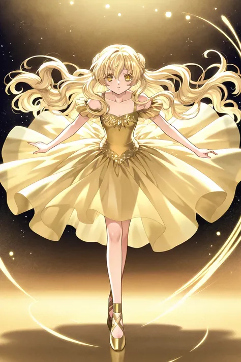 A girl that is a ballerina. She has long wavy Blonde haired with shinny golden eyes holding golden ballet slippers. There is magic and a lot of stars surrounding her. CLAMP Tsubasa Chronicles drawing style. Manga cover.