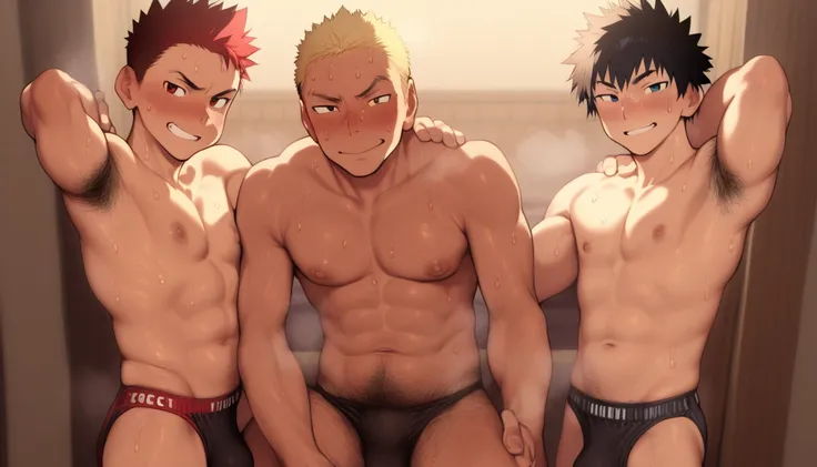 3 boys, young face, detailed eyes, big eyes,  looking at me 、Im showing off my muscles by looking at this、 short hair、Thick body hair、Armpit hair、 chest hair、belly button 、太もももThick body hair, best quality, masterpiece, Shiba Yuuji, bulge, male focus, blac...