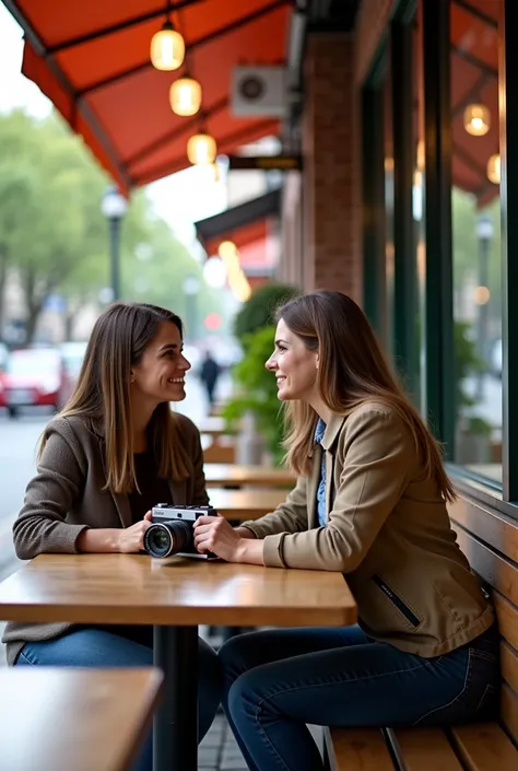 they are sitting at a table outside of a cafe with a camera, a picture by Nándor Katona, instagram, happening, in a coffee shop, in a sidewalk cafe, 8k selfie photograph, sitting in a cafe, enjoying coffee at a coffee shop, 30-year-old woman from cuba, in ...