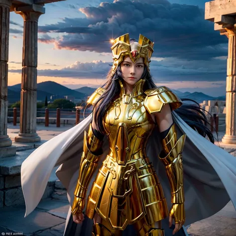 Gemini Armor, gold armor,1girl, Dramatic skies, looking at the audience, armor, Shut up, Upper Body, Serious, helmet, On the Greek temple bridge, whole body.  boots,Solo, Smile, Red Eyes, White long Hair, High Resolution, Masterpiece, High Details, High Qu...