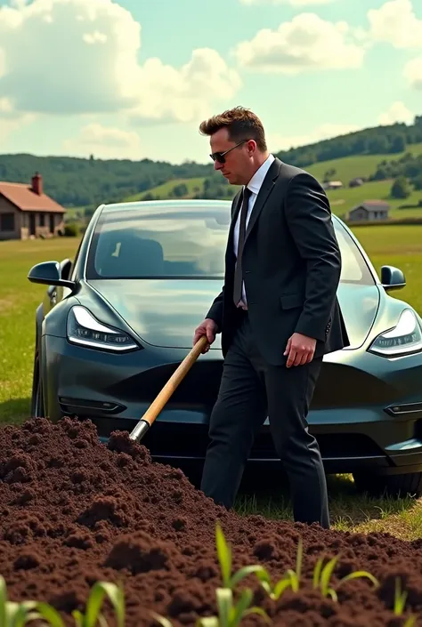 Create a Picture of elon musk Stealing soil from farmers field and loading it on tesla cybertruck with a shovel