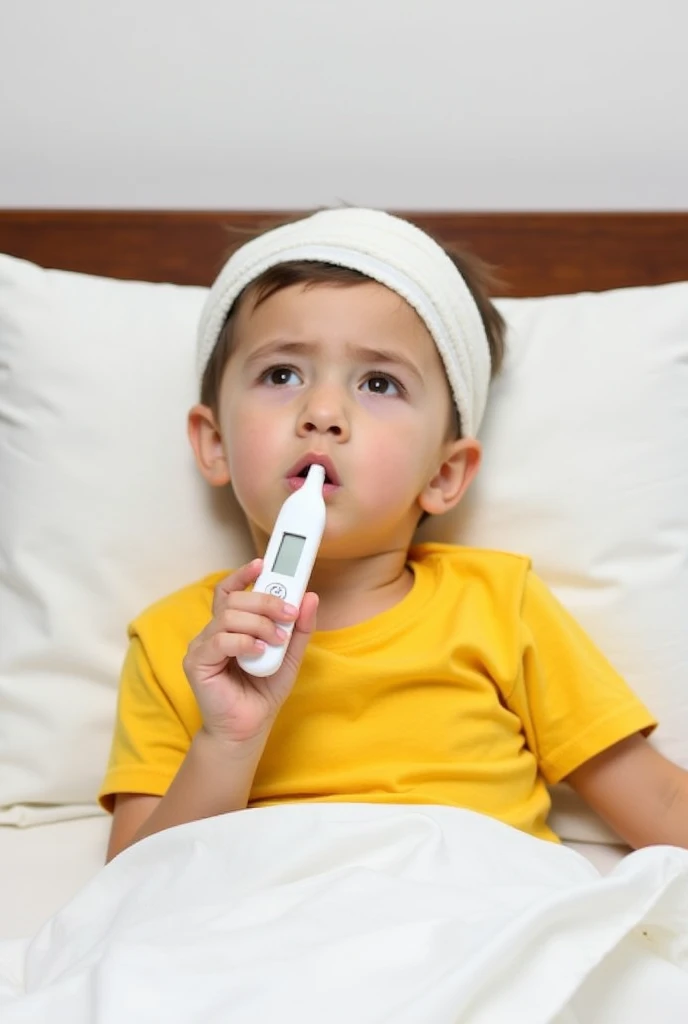 The image shows a young boy lying in bed with a thermometer in his mouth. He is wearing a yellow t-shirt and has a white bandage wrapped around his head. The boy is looking up at the thermometer with a concerned expression on his face. The bed has a brown ...