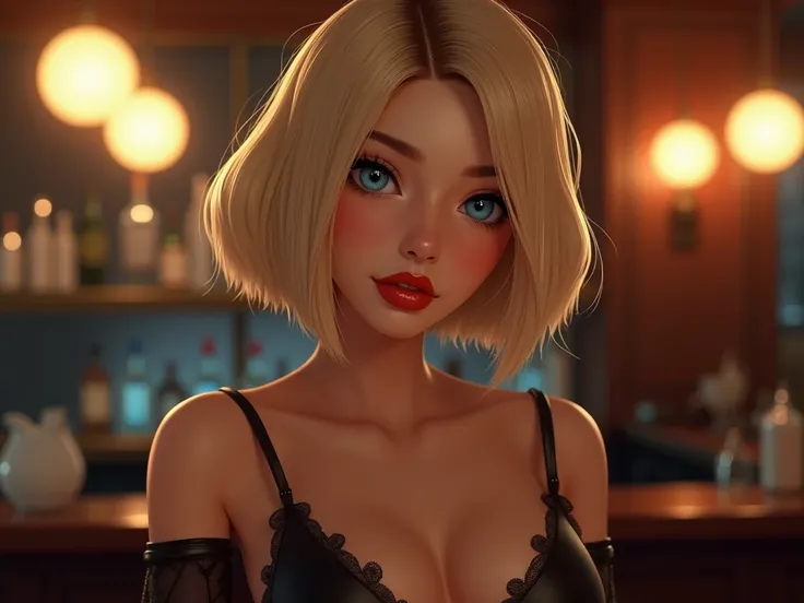 korean fem presenting chic bob hair cut blue eyed blonde bartender. piercing blue eyes. Bigger but realistic eyes. very slutty