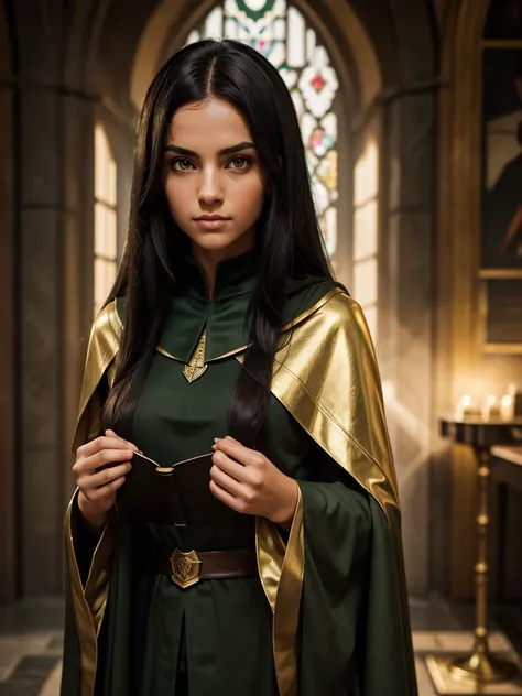 (best quality), 1girl, female, olive skin, black hair, long hair, asymmetric hairstyle, golden eyes, perfect eyes, slytherin hogwarts cloak, harry potter universe, slytherin, masterpiece, anatomically correct, highres
