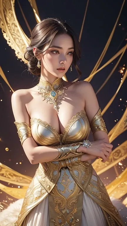 
A striking woman with luminous eyes stands adorned in ornate bracers and delicate fabrics. Swirls of magical patterns shimmer across her skin, enhancing a woman drawing aesthetic quality. Fur-trimmed shoulders and subtle metallic accents combine bold text...