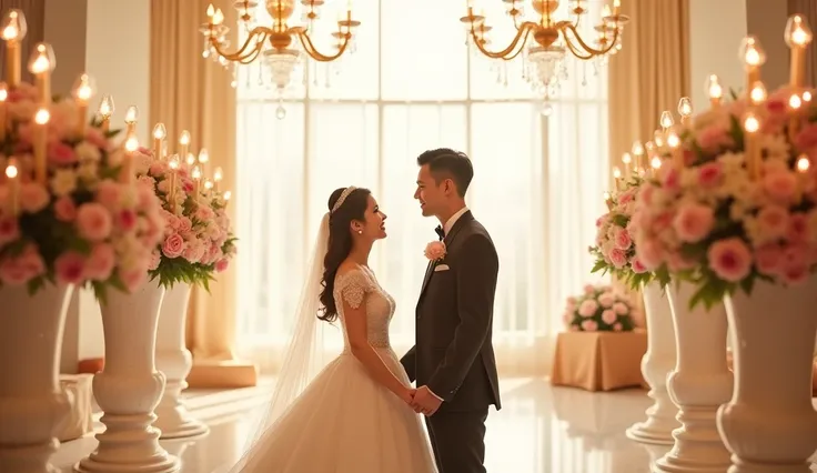 "A beautiful and elegant wedding scene in a grand venue with soft, warm lighting. The couple, dressed in formal wedding attire, stands hand-in-hand, smiling brightly, surrounded by elegant floral decorations and sparkling chandeliers. The background should...