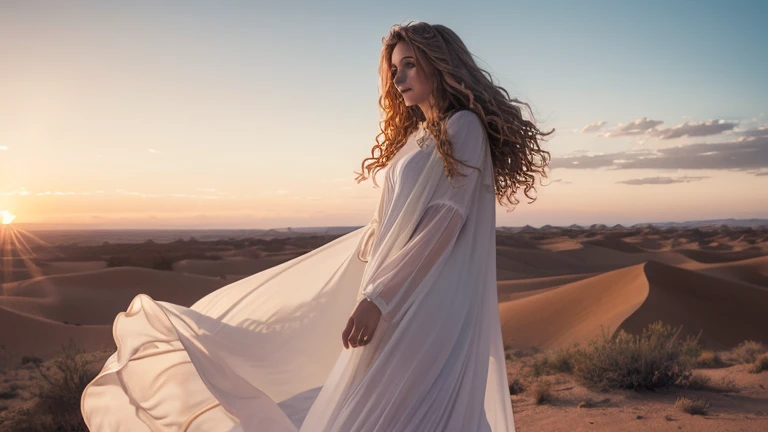 Photorealistic, high definition, desert sunrise, French female singer singing, blonde, long curly hair, white hooded thin long dress, gentle wind blowing,