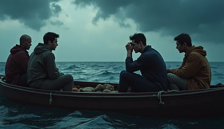 The Boats Journey Home The boat sailing under a stormy sky, symbolizing the turmoil within the pious young man. He sits isolated in a corner of the boat, his face buried in his hands, tears streaming down his cheeks. The crew looking concerned as they try ...