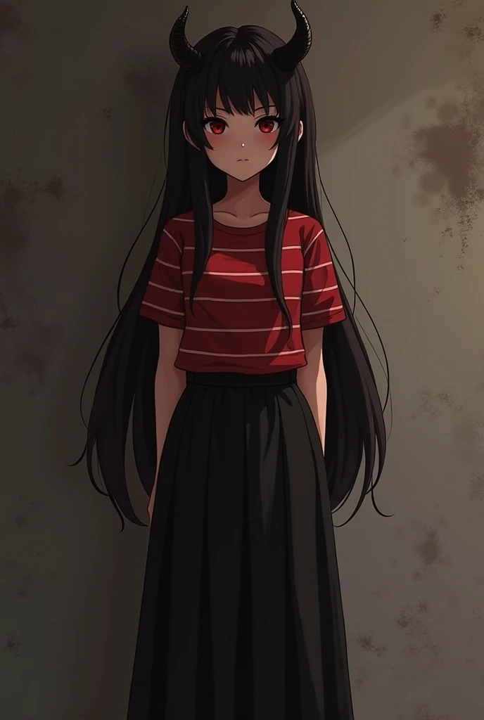  A half-demon girl , She has brown skin ,  measures 1 ,60.  She wears a long black skirt and a red striped t-shirt ,  has long and silky hair ,  her only demonic feature is her two horns and she is very shy and reserved,  prefers to stay in her dull desola...