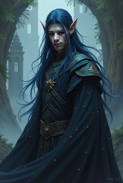  A male black elf with gray skin, light brown eyes, and dark blue hair 
