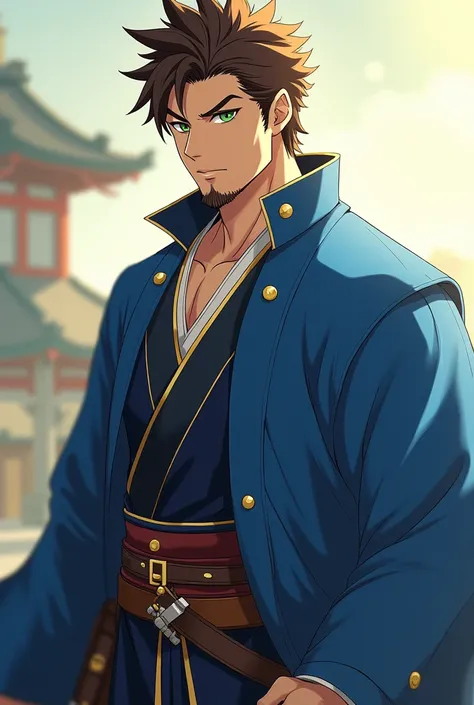 A mediaeval anime man with bright green eyes and spiky brown hair, brown beard, Sherlock Skyline has a very tall, athletic, muscular body. He Wears a royal blue silky yukata. He wears Gold light armour.