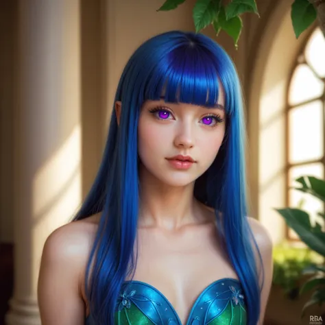 1girl, bangs, blue hair, blunt bangs, long hair, purple eyes, solo, fairy dress, low-cut, fairy, masterpiece, 8k, ultra-detailed, realistic, photorealistic, HDR, beautiful detailed eyes, beautiful detailed lips, extremely detailed eyes and face, long eyela...