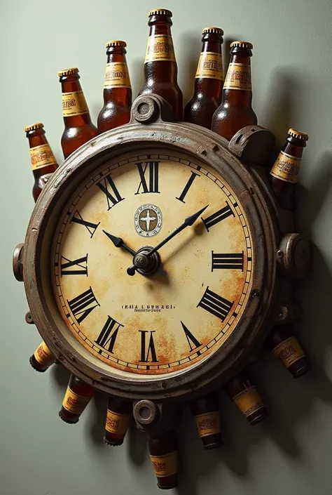 antique clock face with beer bottles as clock hands.