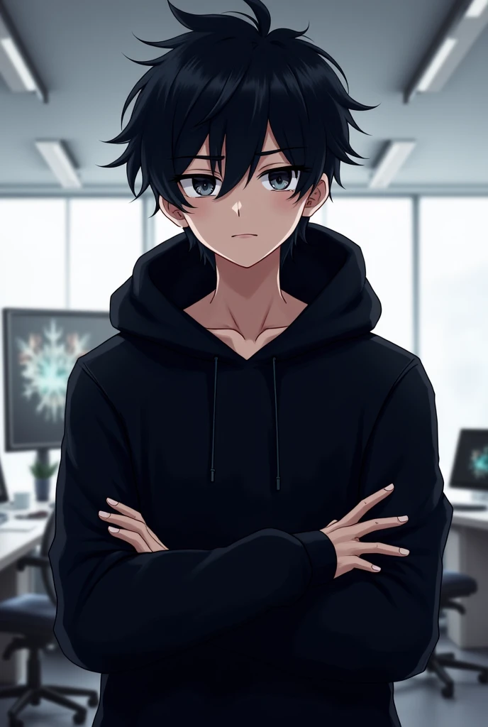 Create an anime character with dark, messy hair and striking eyes full of intensity and mystery. The character is wearing a simple black hoodie with a relaxed fit, the hood slightly pulled over their head. They have a confident and cool expression, with a ...